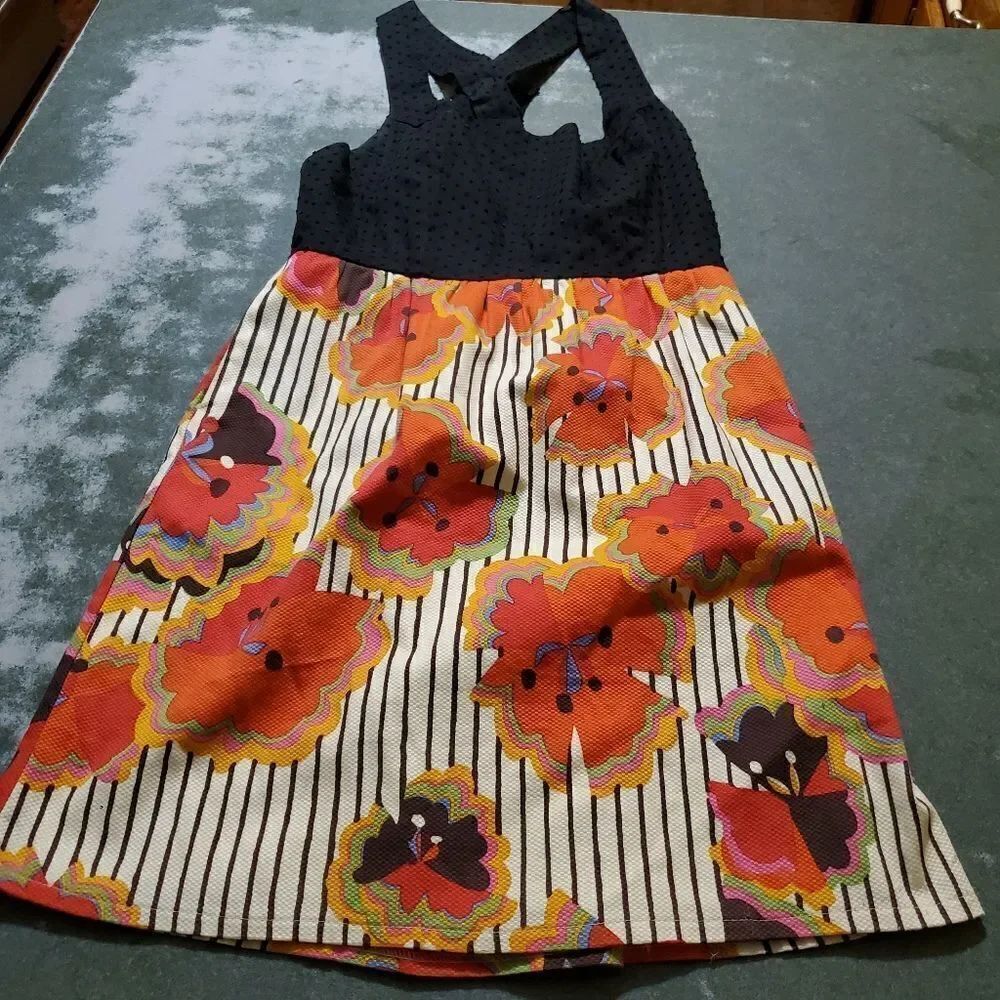 Anthropologie Judith March Black Multi Color Floral Bottom Bow Back Dress sz Me